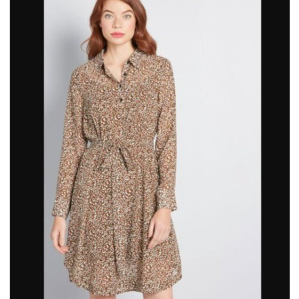 Mod Cloth Brown Leopard Tie Waist Shirt Dress